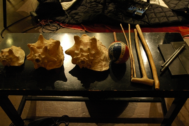 Conch shells (Lanbi), shaker (TchaTcha), drumsticks (bagett), iron strikers (Ogan)